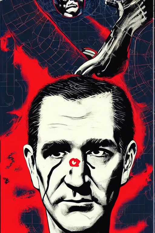 Image similar to Ted Cruz is the zodiac killer unmasked, horror, slasher, retro cover, high details, intricate details, by vincent di fate, artgerm julie bell beeple, 90s, inking, vintage 90s print, screen print