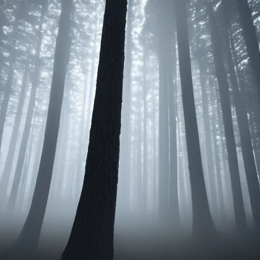 Prompt: man made of fog in dark woods at night