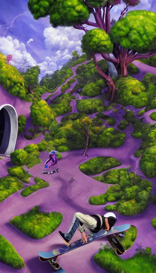 Image similar to A skateboarder going downhill towards a magical portal and purple trees in the distance, abandoned city with graffiti, sweat drops, insane, intricate, highly detailed, oil painting, isometric art, smooth, sharp focus, Unreal Engine 5, 8K, art by Diego Velázquez
