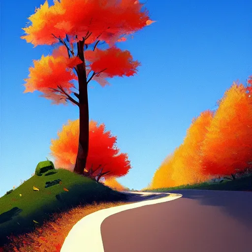 Prompt: Goro Fujita ilustration a road that goes down from the top of the mountain giving curves in autumn, painting by Goro Fujita, sharp focus, highly detailed, ArtStation