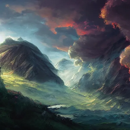 Prompt: fantasy book cover painting, dramatic shot of a lively landscape in the country, wallpaper, 4k, prismatic, by Ross Tran