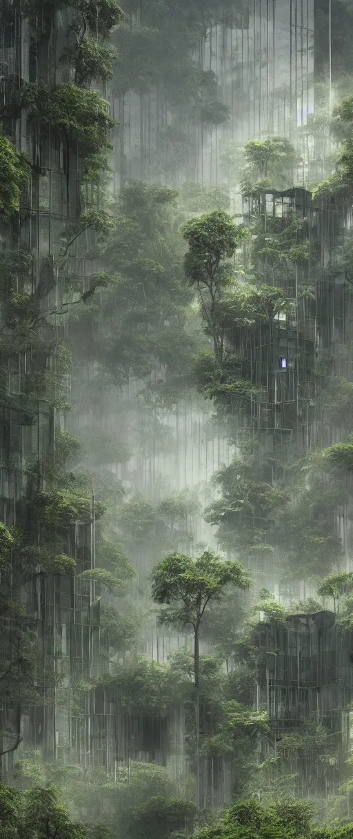 Image similar to brutalist architecture inspired by louis kahn deep in the rainforest. nature is taking over. matte painting by thu berchs. concept art. color scheme dark green and dark yellow. mist. cinematic.