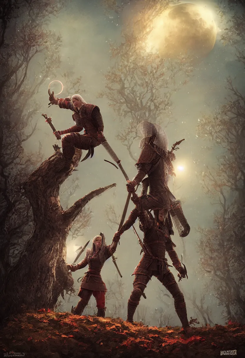 Prompt: Renfri from the Witcher universe standing on a short treestump, red lunar eclipse, detailed, fantasy, in the style of Anna Podedworna, Bryan Sola, Bartlomiej Gawel, Bogna Gawrońska, Ástor Alexander, Bogdan Rezunenko, Gwent, epic composition, red background