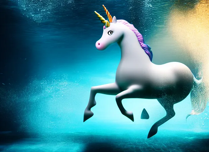 Prompt: under water unicorn, water light scattering, underwater photography, high details, 8 k, realistic shot, cinematic lighting