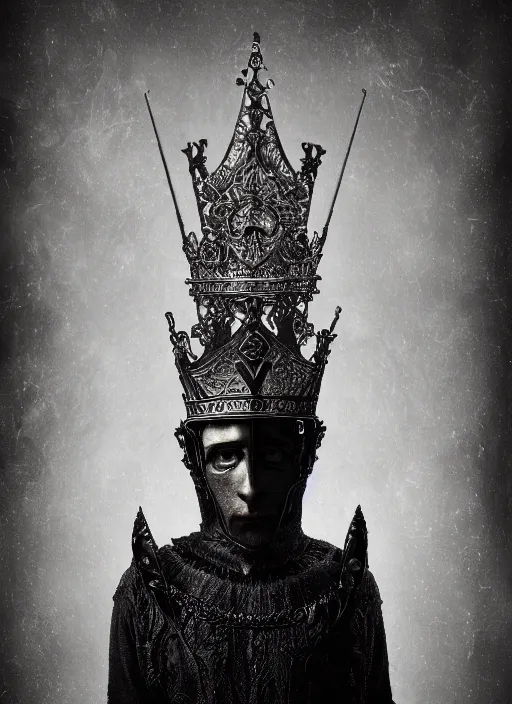 Image similar to portrait of king arthur knight with a crown with engravings, studio portrait against a black background, modern fine art, fractal, intricate, elegant, highly detailed, digital photography, subsurface scattering, in the style of ghost, by jheronimus bosch and yue minjun and giger and greg rutkowski,