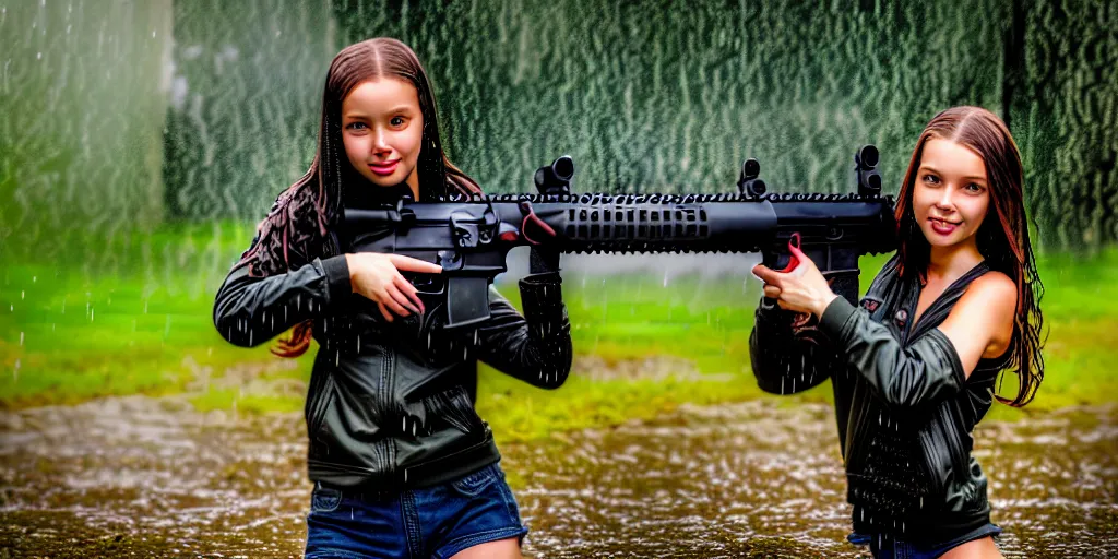 Prompt: hyperrealistic photo of a hot wet girl in the rain holding an ar - 1 5, 8 k