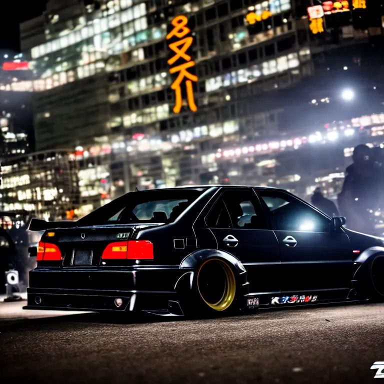 Image similar to a car JZX90 twin turbo drift at illegal car meet, Shibuya prefecture, city midnight mist lights, cinematic lighting, photorealistic, highly detailed wheels, high detail