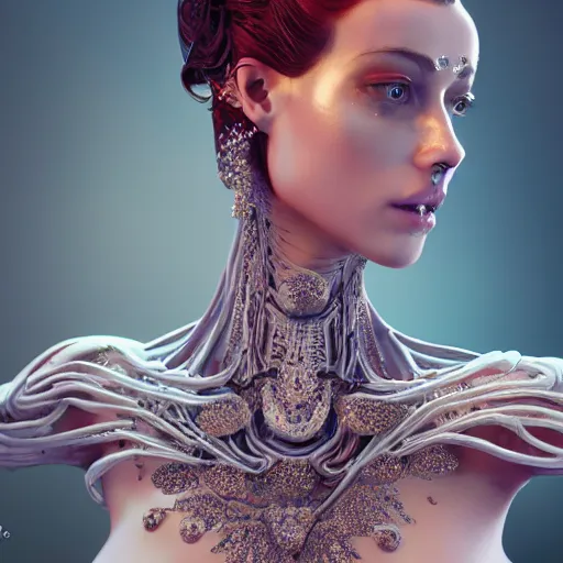 Image similar to full body detailed, ethereal, biomechanical, covered in diamonds and other gems glowing, highly detailed face, elegant posed, intricate, extremy detailed, beeple, cgsociety, 3 d unreal engine octane render. cinematic lighting, highly detailed 4 k art