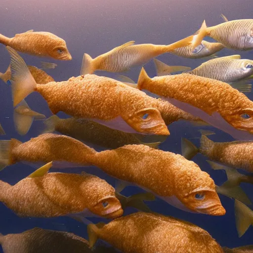 Prompt: underwater photo of breaded fish fillets swimming in a shoal