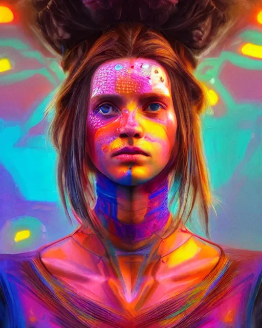 Prompt: colorful portrait of a female hippie from the future, set in the future 2 1 5 0 | highly detailed face | very intricate | symmetrical | professional model | cinematic lighting | award - winning | painted by mandy jurgens | pan futurism, dystopian, bold colors, cyberpunk, groovy vibe, anime aesthestic | featured on artstation