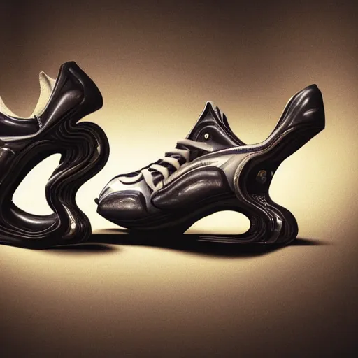 Image similar to futuristic balenciaga and vetements sneakers in giger style on gradient background, ultra rendered extreme realism and detail, 8 k, highly detailed, realistic, completely framed, pbr, hyper realistic, photorealistic, sharp focus,