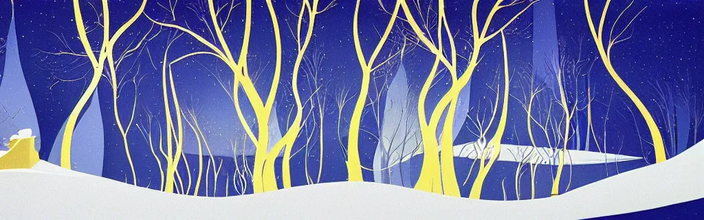 Prompt: snow, gold and white tones, animated film, stylised, illustration, by eyvind earle, scott wills, genndy tartakovski