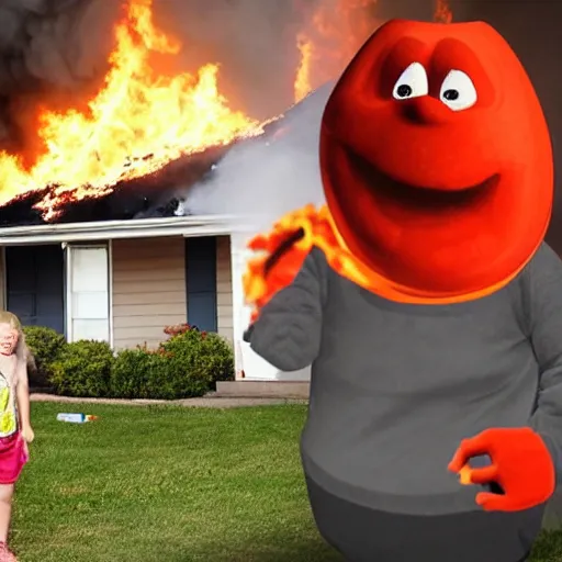 Prompt: a photo of a house burning down in the background and the kool - aid man with an eerie expression in the foreground, strong depth of field