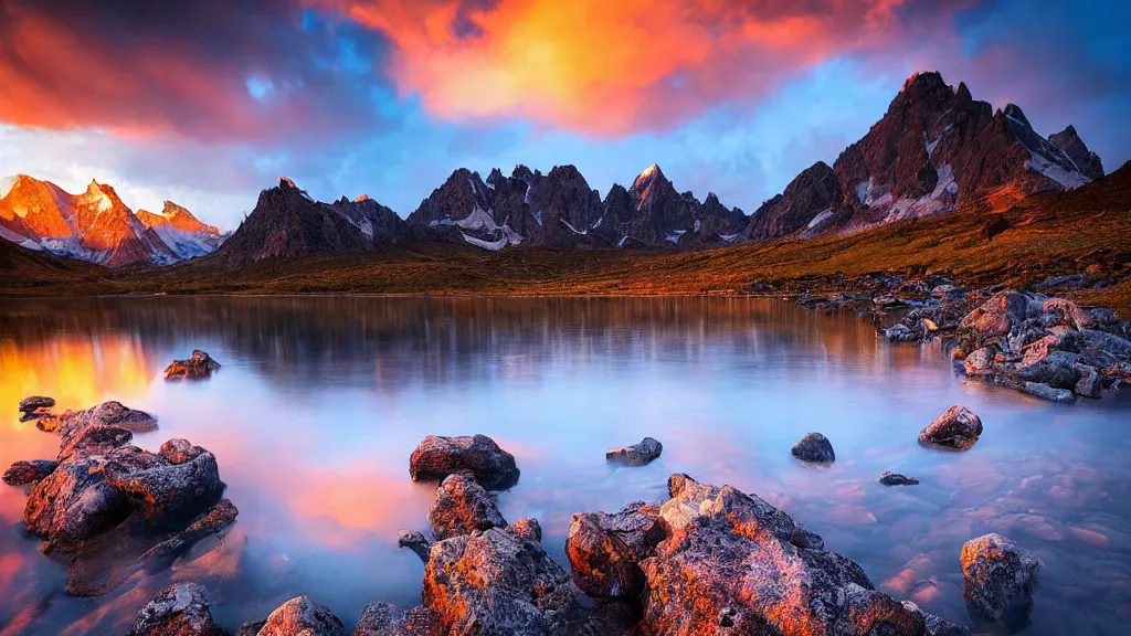 Image similar to amazing landscape photo of mountains with lake in sunset by marc adamus, beautiful dramatic lighting