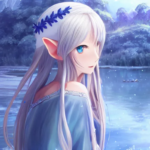 Image similar to a very beautiful anime elf girl, full body, long silver hair with a flower, sky blue eyes, full round face, short smile, casual clothes, ice snowy lake setting, cinematic lightning, medium shot, mid-shot, highly detailed, trending on Artstation, Unreal Engine 4k, cinematic wallpaper by Stanley Artgerm Lau, WLOP, Rossdraws, James Jean, Andrei Riabovitchev, Marc Simonetti, and Sakimichan