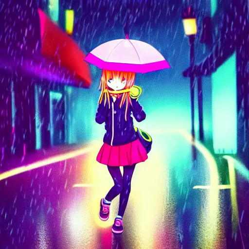 Image similar to a cute anime girl wearing a cat hoodie holding an umbrella walking in a neon lit street in the rain in the style of america mcgee's alice