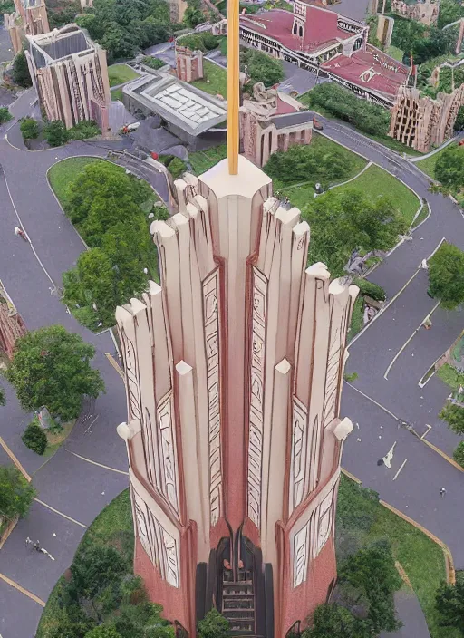 Image similar to isometric artdeco cathedral by frank lloyd wright, shot from drone isometric, painted by piet mondrian