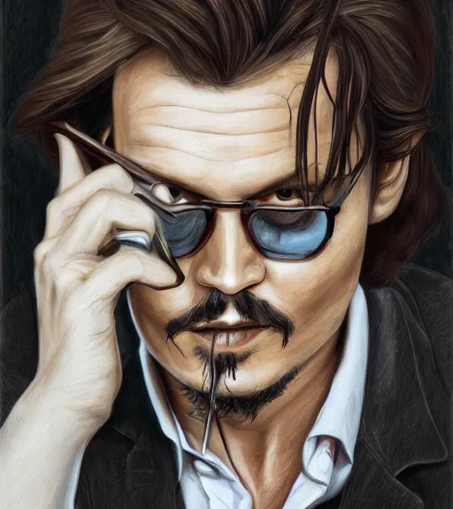 Image similar to Portrait of Johny Depp drinking coffee, in the park, charchoal drawing, dimly lit, wispy smoke, intricate, highly detailed, digital painting, artstation, concept art, sharp focus, illustration, art by einar jonsson