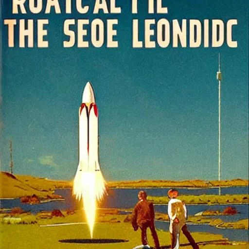 Image similar to rocket landing by a lake in the style of a vintage science fiction book cover