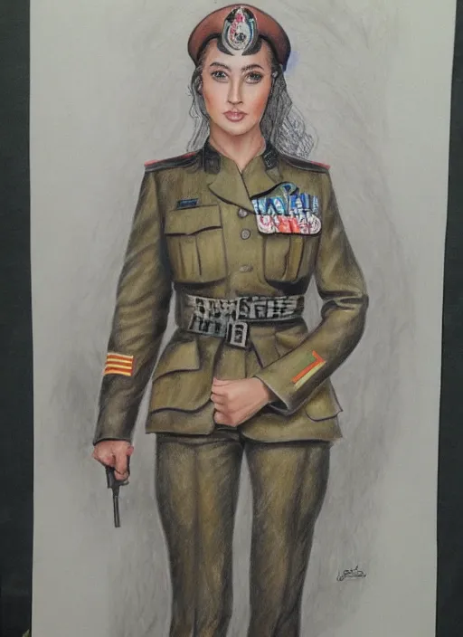 Prompt: full body detailed colored pencil drawing of a beautiful female military with a beautiful face wearing intricate clothing