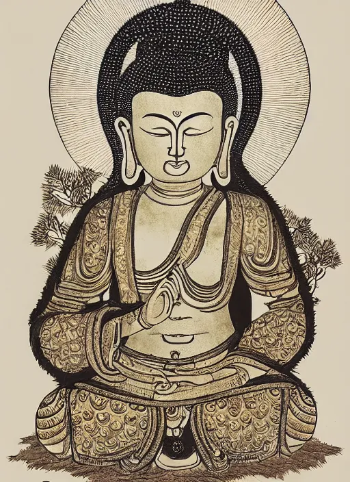Image similar to detailed pen and ink illustration of a Buddhist bodhisattva with a bears head, seated in royal ease, 0.2 black micron pen on white paper, gilded gold halo behind head, highly detailed, fine pen work, white background, in the style of Olivia Kemp