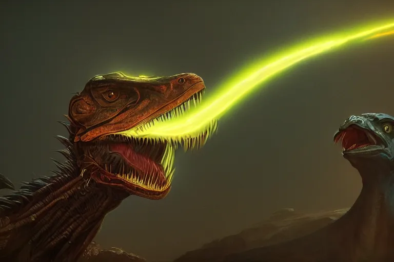 Image similar to a detailed tarot card of a futuristic cyborg velociraptor, neon outline, mouth open in a terrifying roar, 8 k, artstation, art by greg rutkowski, pixiv