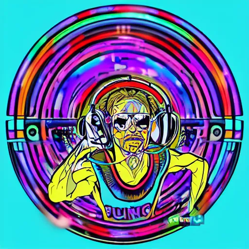 Image similar to svg sticker of a Dancing-Alex-Grey-Psychedelic-Rave-Man, at a rave, spinning records, giant headphones rocking out, wearing headphones, huge speakers, dancing, rave, DJ, spinning records, digital art, amazing composition, rule-of-thirds, award-winning, trending on artstation, featured on deviantart