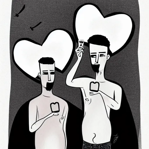 Image similar to two beautiful chad men drinking beers, many white hearts, friendship, love, sadness, dark ambiance, concept by Godfrey Blow, featured on deviantart, drawing, sots art, lyco art, artwork, photoillustration, poster art