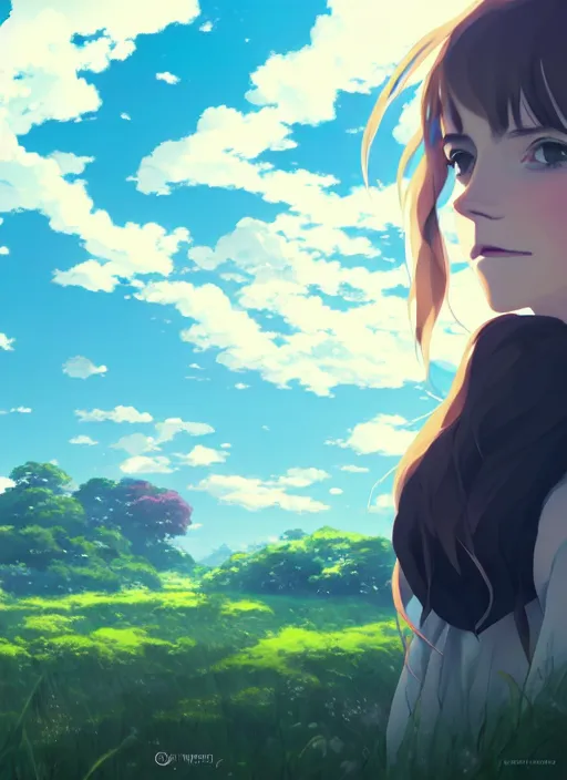 Prompt: portrait of emma watson, cloudy sky background lush landscape illustration concept art anime key visual trending pixiv fanbox by wlop and greg rutkowski and makoto shinkai and studio ghibli