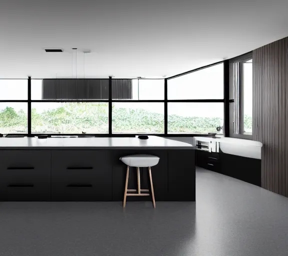 Image similar to brutalist black house kitchen with 2 islands interior design minimalist organic, organic architecture furniture open space high quality octane render blender 8 k