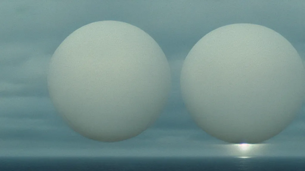 Prompt: a spherical white spaceship hovers over Earth's oceans near the Cliffs of Dover at Dusk, film still from the movie directed by Denis Villeneuve with art direction by Zdzisław Beksiński, wide lens