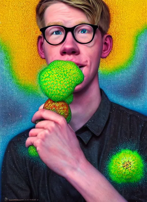 Image similar to hyper detailed 3d render like a Oil painting - friendly portrait of youtuber Hank Green in Aurora (Singer) seen Eating of the Strangling network of yellowcake aerochrome and milky Fruit and Her delicate Hands hold of gossamer polyp blossoms bring iridescent fungal flowers whose spores black the foolish stars by Jacek Yerka, Mariusz Lewandowski, Houdini algorithmic generative render, Abstract brush strokes, Masterpiece, Edward Hopper and James Gilleard, Zdzislaw Beksinski, Wolfgang Lettl, hints of Yayoi Kasuma, octane render, 8k