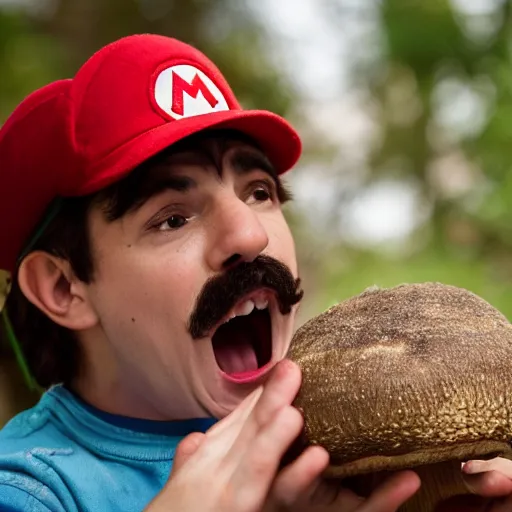 Image similar to photo of real life mario finding a giant mushroom, exhilarated, portrait, closeup. mouth open, 30mm, bokeh