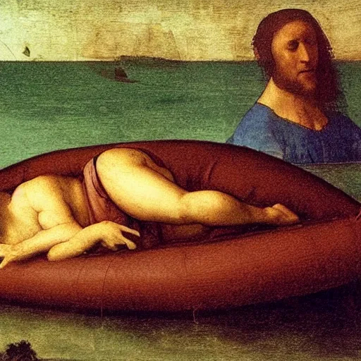 Prompt: Oil painting by Leonardo da Vinci of a Human Rights Watch employee sleeping on an inflatable raft in the ocean