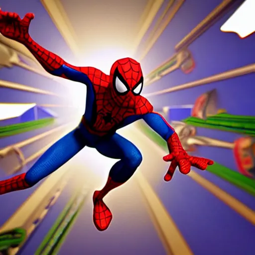 Image similar to a still of spider - man in toy story ( 1 9 9 5 ), 3 d render, 1 6 : 9