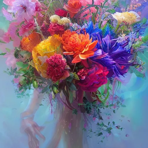 Prompt: a bouquet of ethereal big colorful transparent entangled flowers, wild foliage, vivid, detailed painting, beautiful colors, by Ross Tran, WLOP, artgerm and James Jean, masterpiece, award winning painting