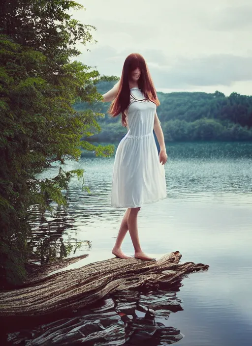 Image similar to photo, extreme long shot, woman posing, short wavy hair, round face, intricate white dress, lakeside, cottagecore!!, intricate, enlightened, highly detailed, smooth, sharp focus, inspired by artgerm, by marat safin, and alphonse mucha