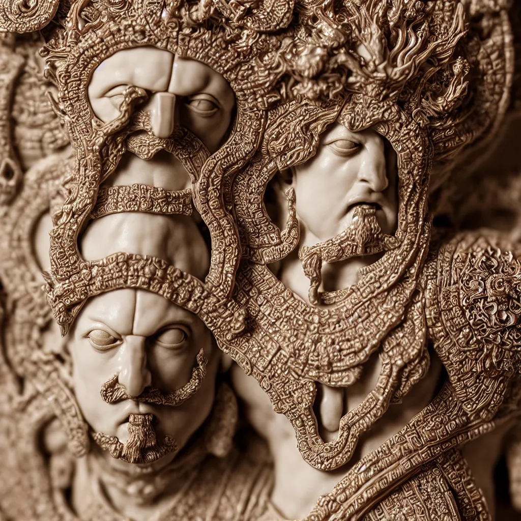 Image similar to a closeup photo - real delicate ceramic porcelain sculpture of an ornate detailed ahura mazda in front of an intricate background by rafael, micro detail, backlit lighting, subsurface scattering, translucent, thin porcelain, octane renderer, colorful, physically based rendering, trending on cgsociety