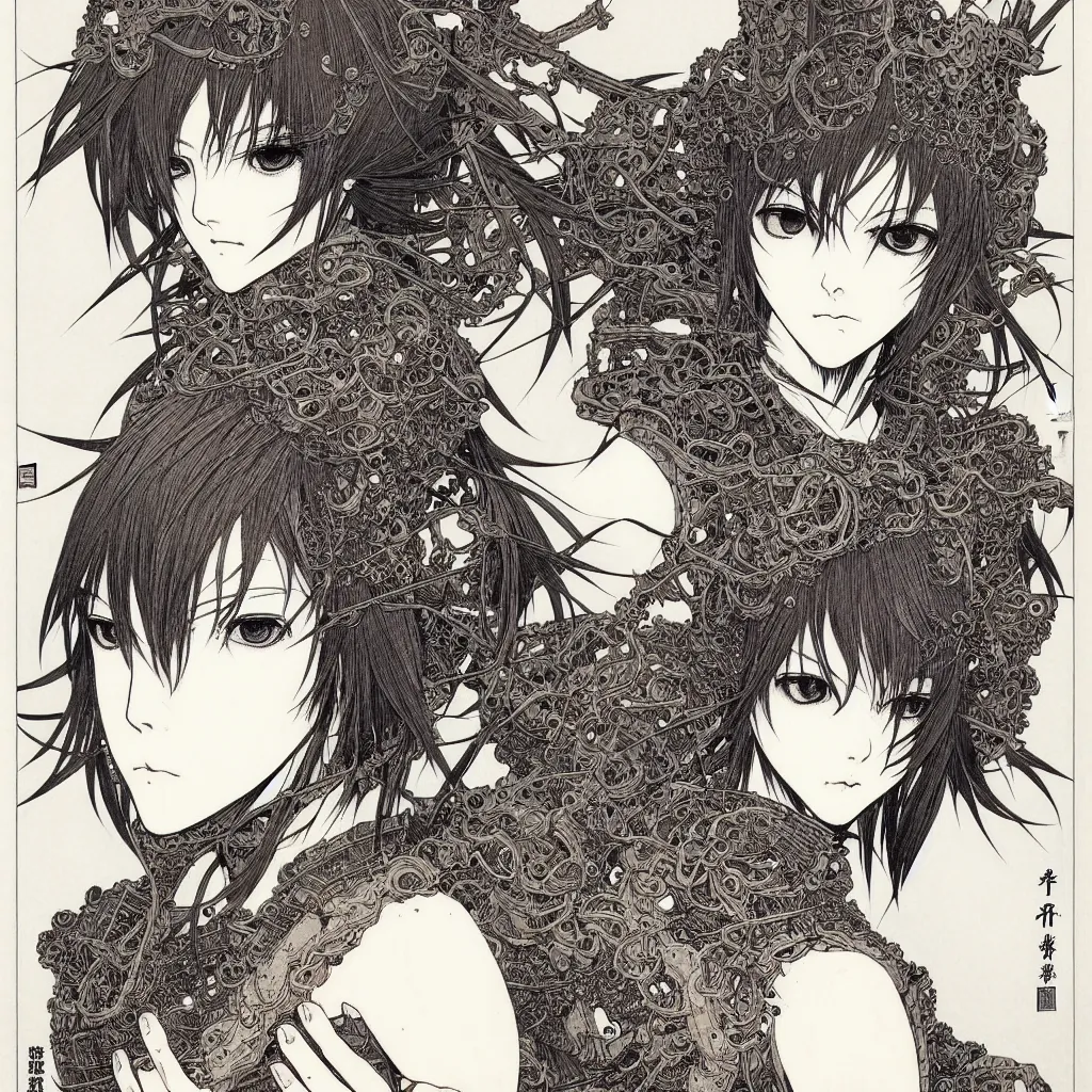 Image similar to prompt: one human Fragile looking character portrait face drawn by Takato Yamamoto, Human inside modernistic looking armor with wild hairstyle, inspired by Evangeleon, clean ink detailed line drawing, intricate detail, manga 1980, poster composition