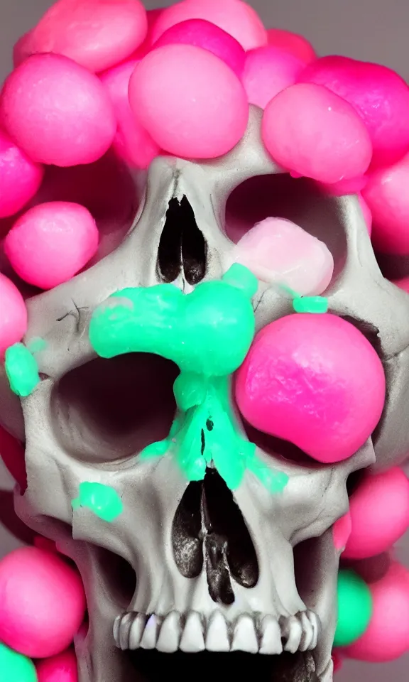 Image similar to closeup photo of a skull made out of bubble gum, 4k, highly detailed