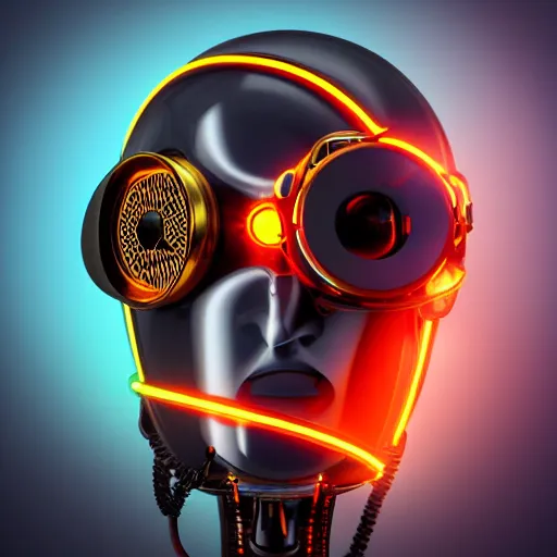 Prompt: a glossy claymodel of a steampunk robot head with glowing futuristic steampunk headphones, 8 k, symetrical, flourescent colors, halluzinogenic, multicolored, insanely detailed, black background, 3 d render,