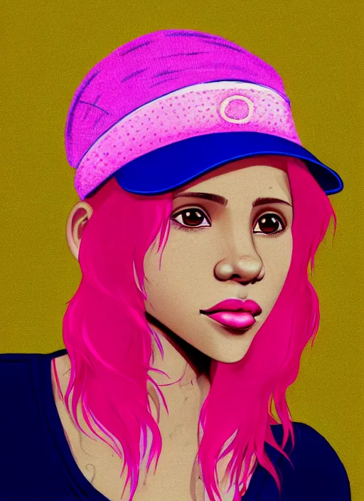 Image similar to portrait of teenage vanessa morgan with bright pink hair, black girl, curly pixie cut hair, wearing newsboy cap, pink short haircut, newsboy cap, hoop earrings, blue eyes, intricate, elegant, glowing lights, highly detailed, digital painting, artstation, concept art, smooth, sharp focus, illustration, art by wlop, mars ravelo and greg rutkowski