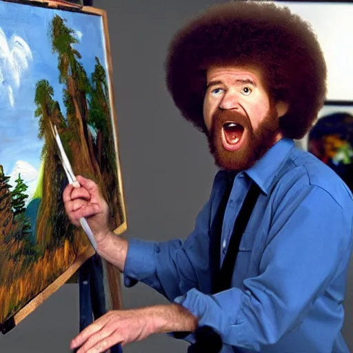 Prompt: bob ross screaming at his painting