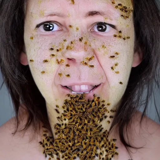 Image similar to photo portrait of a woman's face covered in killer - bees