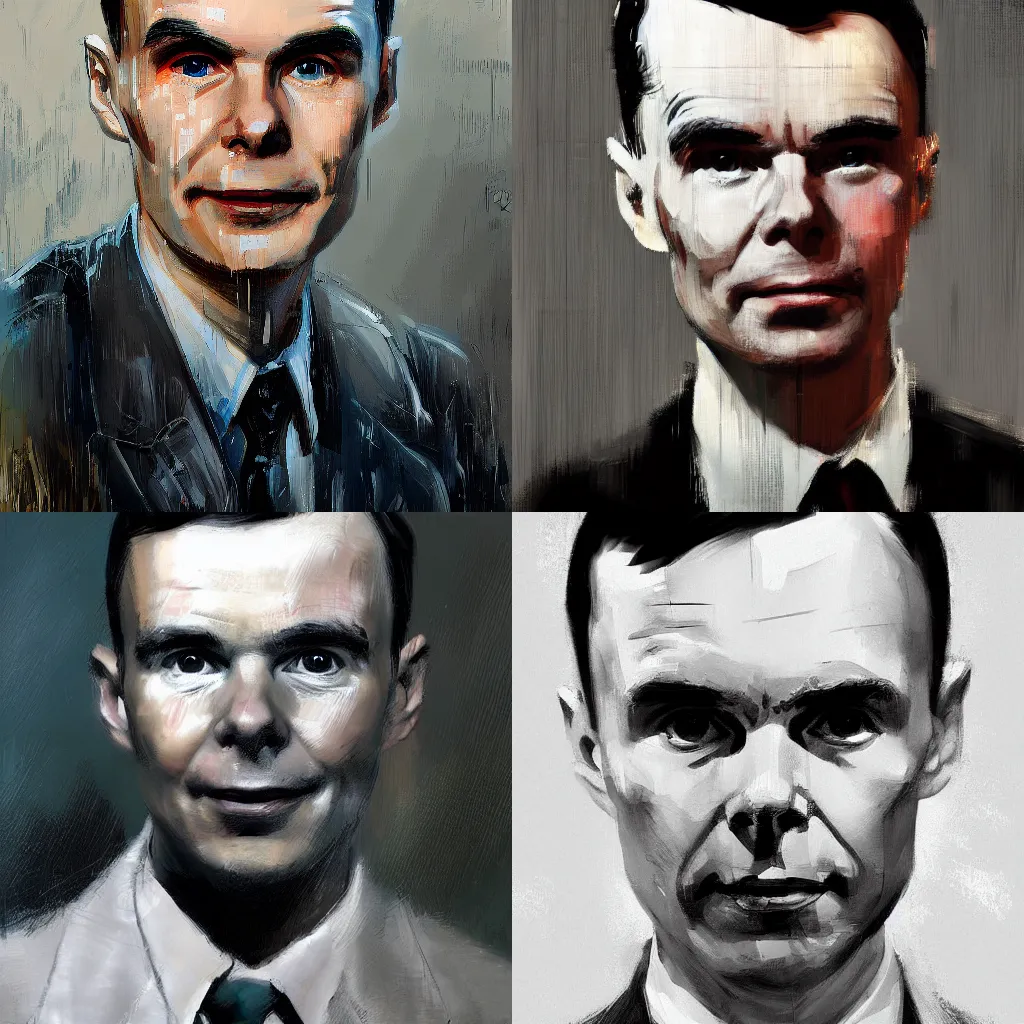 Prompt: A realistic hyperdetailed digital oil portrait painting of Alan Turing in the style of Guy Denning, Ruan Jia, and Craig Mullins. Trending on ArtStation and DeviantArt. CGSociety Digital art.