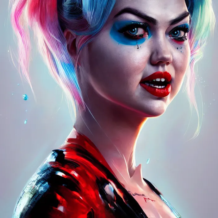 Image similar to portrait of Kate Upton as a harley quinn. intricate abstract. intricate artwork. by Tooth Wu, wlop, beeple, dan mumford. octane render, trending on artstation, greg rutkowski very coherent symmetrical artwork. cinematic, hyper realism, high detail, octane render, 8k, iridescent accents