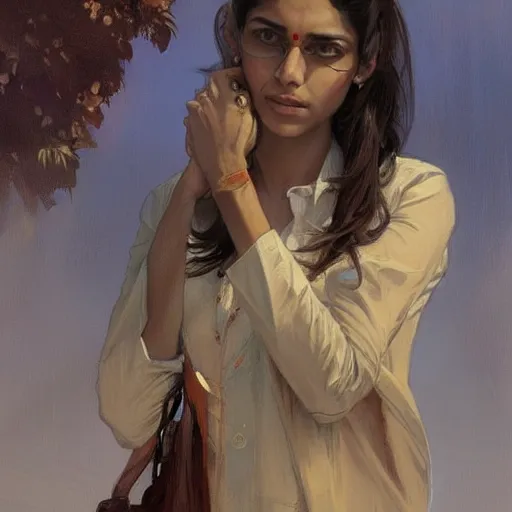 Image similar to Anxious good looking pale young Indian doctors wearing American clothes at the airport, portrait, elegant, intricate, digital painting, artstation, concept art, smooth, sharp focus, illustration, art by artgerm and greg rutkowski and alphonse mucha