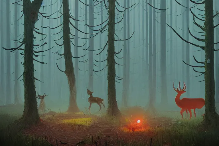 Prompt: Meeting the Forest Guardian, by Simon Stålenhag. Trending on artstation, children book illustration, spirit deer