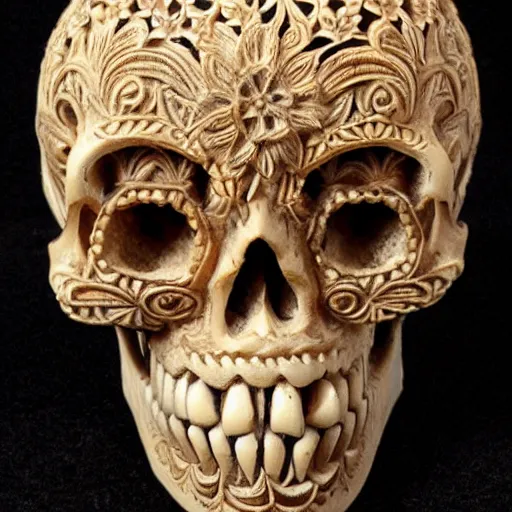 Image similar to intricately carved human skull, intricate ornament, baroque style, Oriental ornament