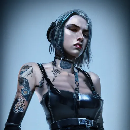 Prompt: detailed realistic female character cyberpunk wearing leather belt collar around neck, realistic, art, beautiful, 4K, collar, choker, collar around neck, punk, artstation, detailed, female, woman, choker, cyberpunk, punk, collar, choker, collar around neck,